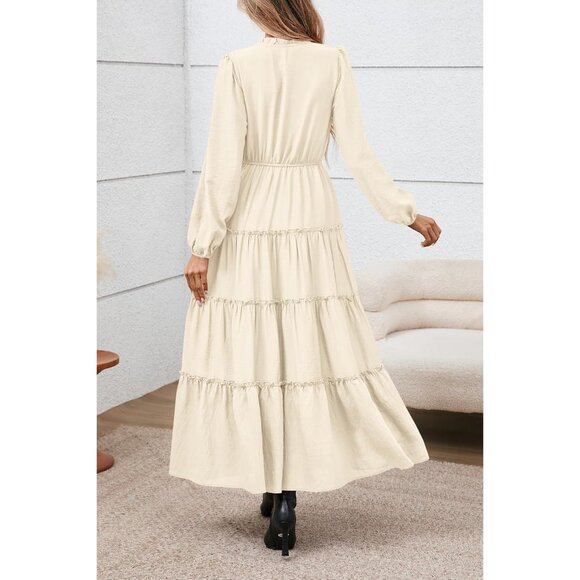 Long Sleeve Maxi Dress V-Neck Tiered Boho Elegant Fall Wedding Guest - Picture 6 of 6